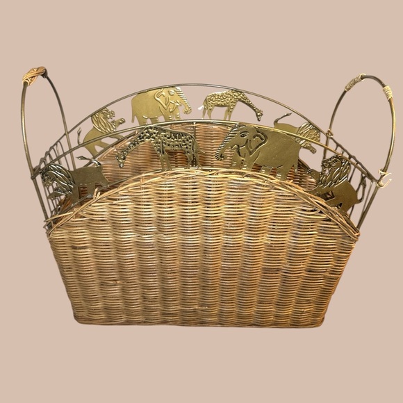 Vintage Wicker Magazine Rack with Brass Safari Animal Design - Picture 2 of 8